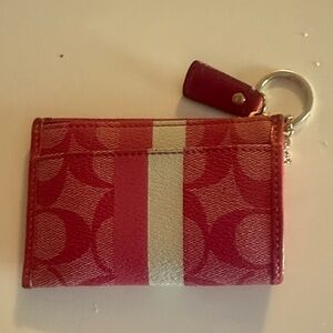 Coach Pink and Cream Signature Card Case with Key Ring